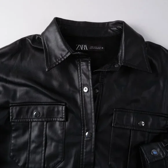 ZARA black faux-leather button up top size XL - Picture 4 of 9